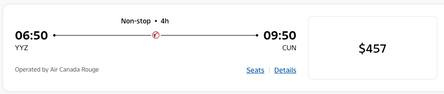 Outbound Air Canada Rouge flight price screenshot from Toronto to Cancun