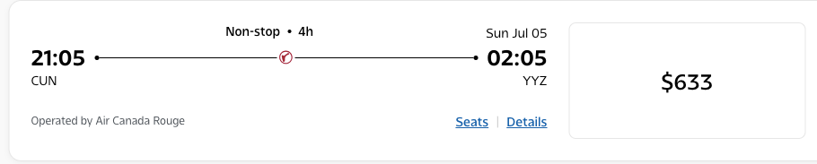 Return Air Canada Rouge flight price screenshot from Cancun to Toronto