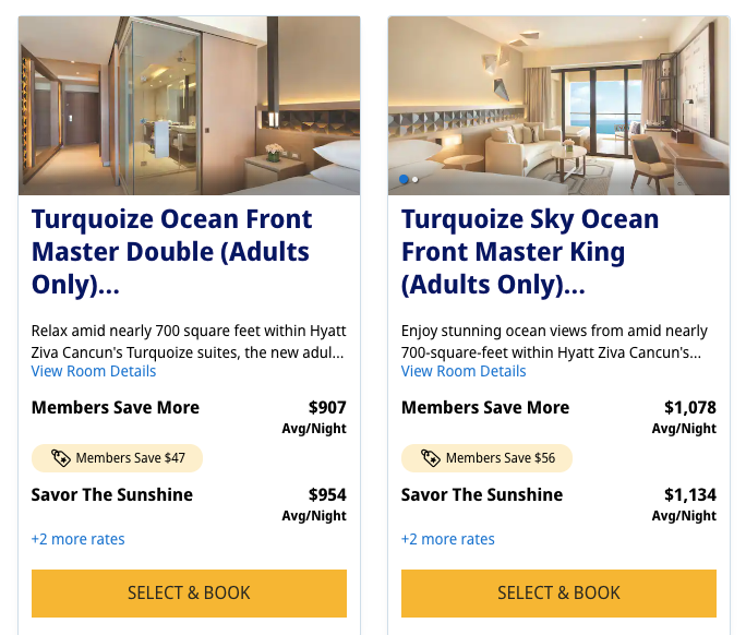 Hyatt Ziva Cancun room rate comparison screenshot