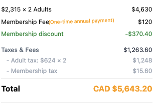 Sunbook package total price breakdown screenshot